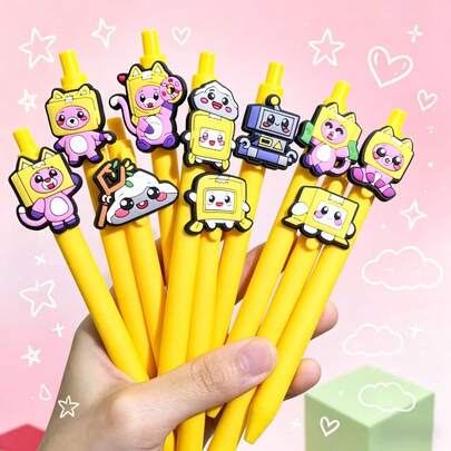 10支装可爱盒装卡通中性笔，黑色墨水，适合派对礼物，书写流畅，可爱猫咪和机器人图案，适合学生和办公人士使用。