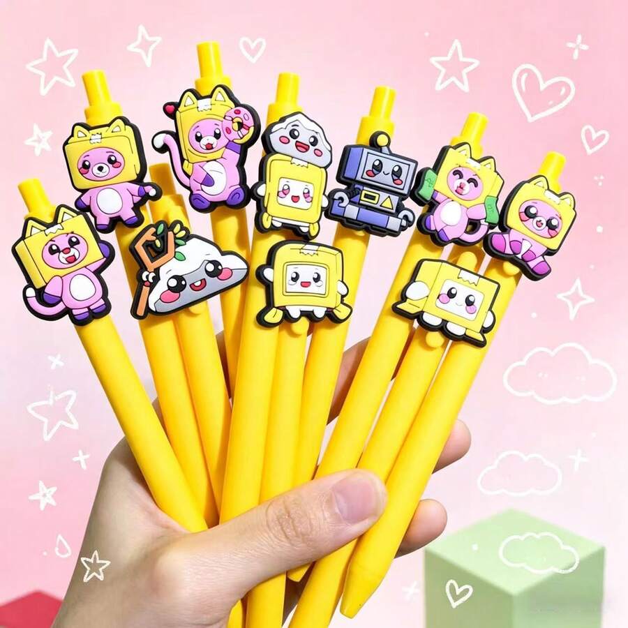 10支装可爱盒装卡通中性笔，黑色墨水，适合派对礼物，书写流畅，可爱猫咪和机器人图案，适合学生和办公人士使用。 - 多色 - 查看 1