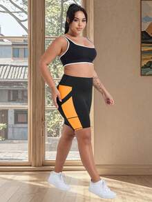 Women's Plus Size Spring/Summer New High Waist Butt Lifting Fitness Shorts, Cycling Shorts, Sports Tight Shorts, High Waist Yoga Shorts, Contrast Color Design, With Pockets, Suitable For Sports, Running, Fitness And Various Occasions - Orange - View 6