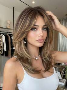 20 Inch Ombre Wig With Bangs For Women, 100% Tanglong Synthetic Fiber Wig, Rose Net Cap, Realistic Layered Effect, Heat Resistant Fiber, Suitable For All Users - Ombre - View 2