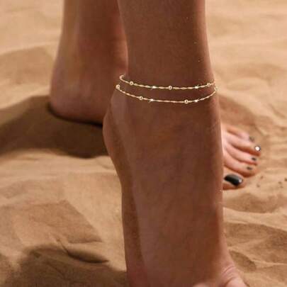 1 Set Fashionable Copper Beaded Chain Anklet, Minimalist Personalized Double-Layer Twist Chain Foot Jewelry For Women