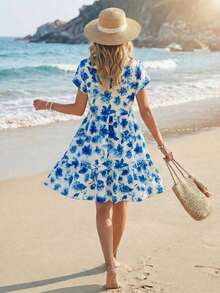 Vestido corto casual de vacaciones románticas de playa rosa para mujer en verano - Multicolor 8 - Ver 2
