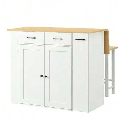 Extendable Kitchen Island With Dining Area, Adjustable Shelves And Drawers, Power Strips And Two Chairs, Ideal For The Kitchen And Dining Room (White)