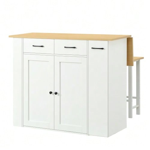 Extendable Kitchen Island With Dining Area, Adjustable Shelves And Drawers, Power Strips And Two Chairs, Ideal For The Kitchen And Dining Room (White)