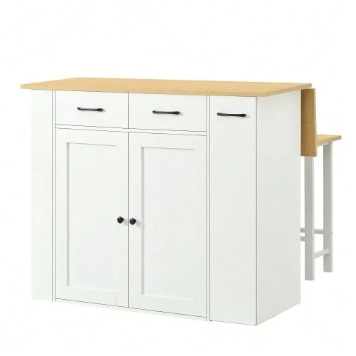 Extendable Kitchen Island With Dining Area, Adjustable Shelves And Drawers, Power Strips And Two Chairs, Ideal For The Kitchen And Dining Room (White) - White - View 1