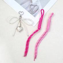 1 Pc Silver Big Heart Pearl Bow Keychain Cute Pearl Design For Girls Women Y2K Key Chains Bag Purse Charm Accessory - Pink - View 7