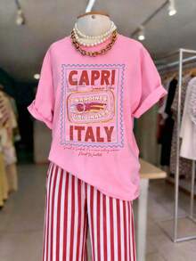 Ladies' Round-Neck T-Shirt For Leisure And Vacation, Comfortable And Breathable Fabric, Suitable For Spring And Summer Outings, Loose Version Accommod The Figure, The Best Choice For Holiday Travel T-Shirt. - Pink - View 1