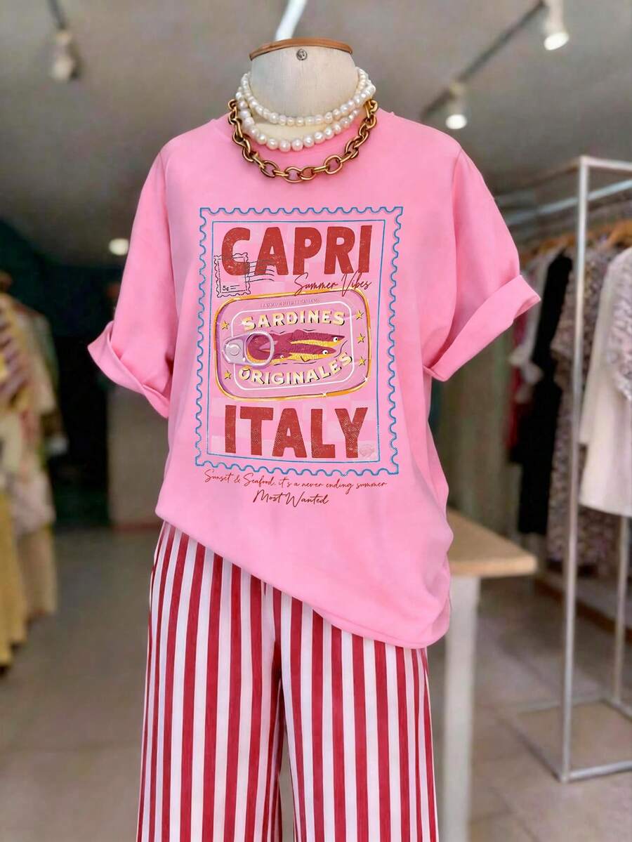 Ladies' Round-Neck T-Shirt For Leisure And Vacation, Comfortable And Breathable Fabric, Suitable For Spring And Summer Outings, Loose Version Accommod The Figure, The Best Choice For Holiday Travel T-Shirt. - Pink - View 1