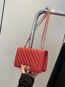 Hevel, nueva bolsa de hombro mini de moda de unicolor con relieve de PU, bolso bandolera de calle, bolso cuadrado pequeño minimalista de mujer con cadena - Rojo - Ver 3