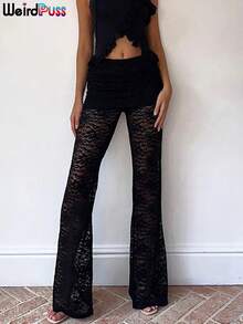 Faldas sexis de verano con diseño de gato extraño para mujer, pantalones Y2K elegantes coquetas elásticas de  de verano, ropa informal firme y salvaje, pantalones - Negro - Ver 4