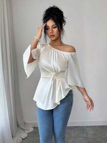 Blusa elegante romántica de gasa blanca femenina, diseño de hombro descubierto asimétrico, manga larga acampana abierta fluida, cintura ajustable con cordón y bajo asimétrico de volantes.Tela ligera transpirable caída, ideal para vacaciones playeras, oficina y citas diarias. - Albaricoque - Ver 6
