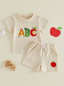 Toddler Boys Cotton Shorts Set Apple Letter Embroidered Casual Preppy Summer Back To School Outfits - Apricot - View 6