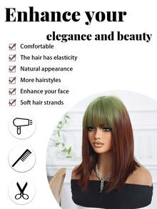 14 Inch Gradient Green To Reddish Brown Straight Synthetic Wig With Bangs, Heat Resistant, Easy To Wear And Maintain, Perfect For Daily Wear, Y2K Style, Party, Cosplay, Music Festival, Halloween, Ideal Holiday Gift For Girls - Brown Ombre - View 3