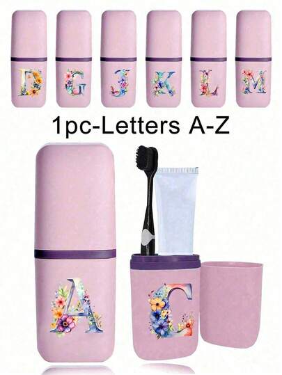Floral Letter A-Z Portable Toothbrush Case, Stylish Travel Toothbrush Holder & Cup Cover, Durable Multifunctional Rinse Cup, Hygienic Protection For Toothbrush, Ideal For Travel, Camping, Business Trip, Back To School, Includes Toothbrush & Toiletry Storage Set, Simple Travel Grooming Kit, Perfect Gift For Travelers, Students, Hygiene-Conscious People, Great Mother's Day Gift, Father's Day Present, Graduation Gift, Summer Vacation Essential