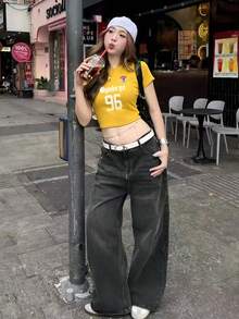 女士街头风露脐T恤，简约字母印花，修身夏季休闲黄色衬衫 - 黃色 - 查看 2