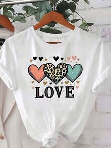 Camiseta Casual de Poliéster para Mujer, Cuello Redondo, Manga Corta, Largo Regular, con Estampado de Leopardo y Gráfico de Corazón - Blanco - Ver 2
