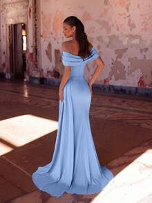 ADYCE Elegant One Shoulder Cross V Neck Pleated High Waist Long Ribbon High Slit Backless Floor Length Prom Dress Wedding Guest Prom Homecoming Date Ball - Baby Blue - View 2