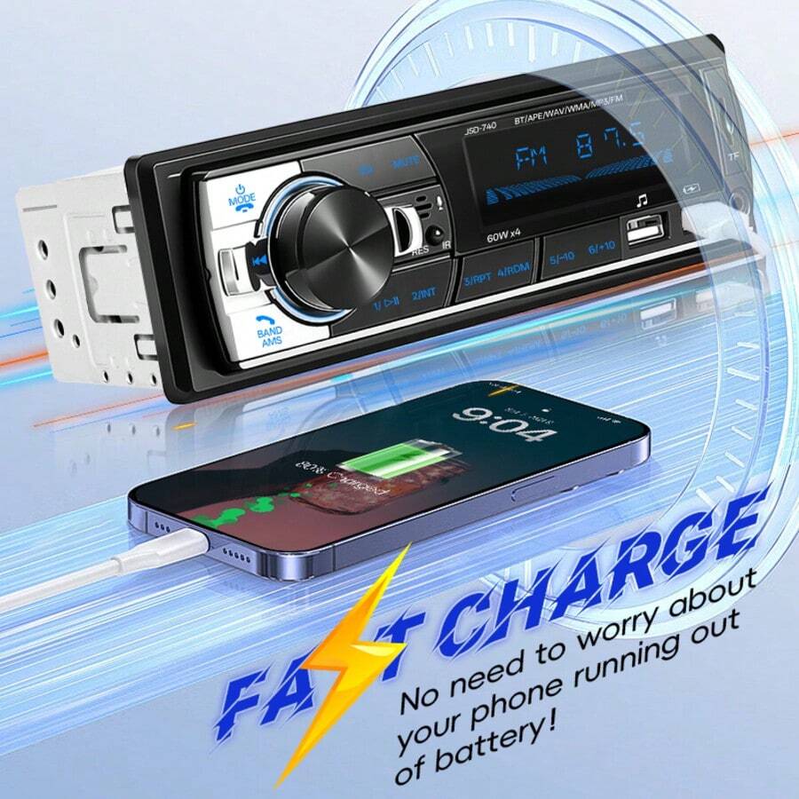 Đầu phát radio ô tô Hippcron 1 DIN Bluetooth Stereo MP3 Player FM Receiver với AUX USB Khe cắm thẻ TF Bộ lắp đặt trong bảng điều khiển Sạc nhanh Nguồn ISO - Với bộ điều khiển vô lăng - Xem 1