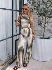 Women's Striped Round Neck Top And Drawstring Waist Flare Pants Casual Outfit Summer - Brown - View 2