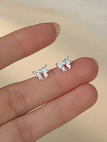 1 par de pendientes de plata de ley 925 con lazo, incrustados con circonita en forma de corazón brillante, diseño dulce y lindo al estilo de las chicas de , diseño fresco y dinámico, adecuado para uso diario de niñas, regalo para fiestas - Arco - Ver 4