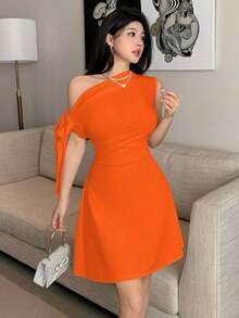 Vestido minimalista para mujer con estampado floral de tinta, hombro asimétrico con lazo, cintura ajustada - Naranja - Ver 6