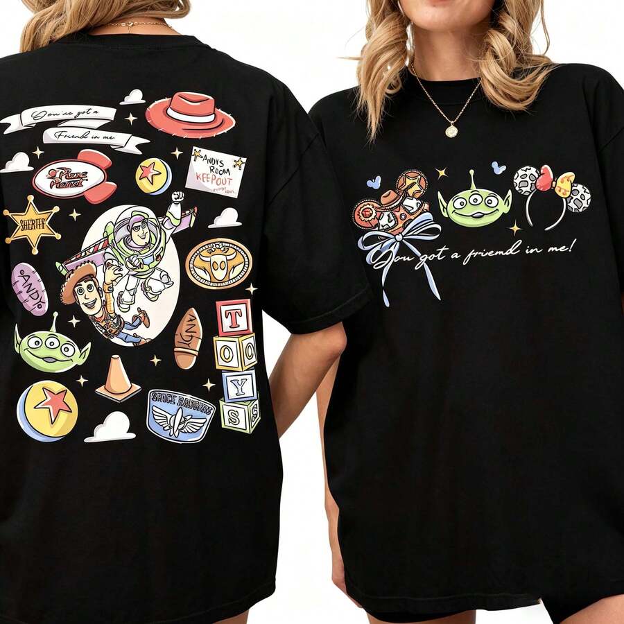 Loose Oversize Disney Toy Story Shirt, Woody Buzz Rex Hamm Tee, Pizza Planet Shirt, Disneyland Magic Kingdom Trip Tee - Black - View 1