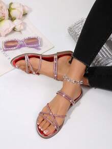 Minimalist Lightweight Round Toe Criss-Cross Strap Solid Color Glass Rhinestone Slip-On Sandals, Women Summer New Style Flat Sandals Suitable For Dresses, Fairy Style Two-Way Wear - Red - View 4