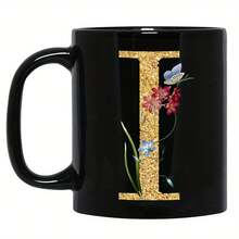 1pc Gold Letter & Floral Print Ceramic Coffee Mug, Beautiful & Practical Gift For Women, Girls, Office, Home Use - Black - View 24