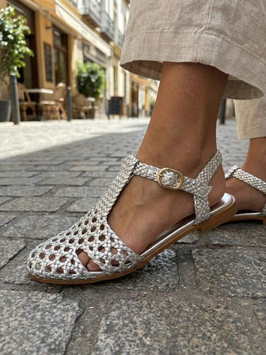 Women's Fashion Flat Sandals - Silver - View 1