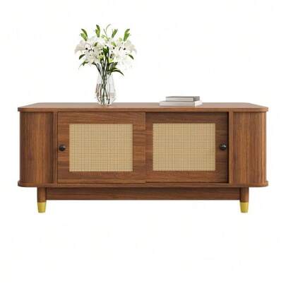 Coffee Table With Sliding Rattan Doors, Rounded Corners, Storage Space, MDF, Wood Look, Living Room Table, Modern Design