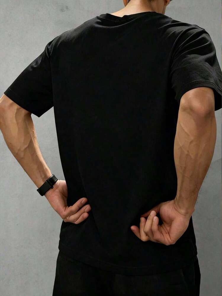 Men's Casual Loose Fit Crew Neck Short Sleeve T-Shirt With Slogan Print - Black - View 2