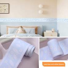 Self-Adhesive Ceramic Tile Trim Sticker, Decorative Wall Border For Kitchen, Bathroom, Waterproof Baseboard - Light Blue and White Flowers - View 3