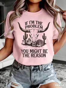 If I'm The Problem Summer Fashion Desert Cactus Bull Head Print Casual Women's Short Sleeve Shirt-New Autumn/Winter Collection: Unisex Relaxed Fit Long-Sleeve Crew Neck Sweatshirt - 粉色 - 查看 3