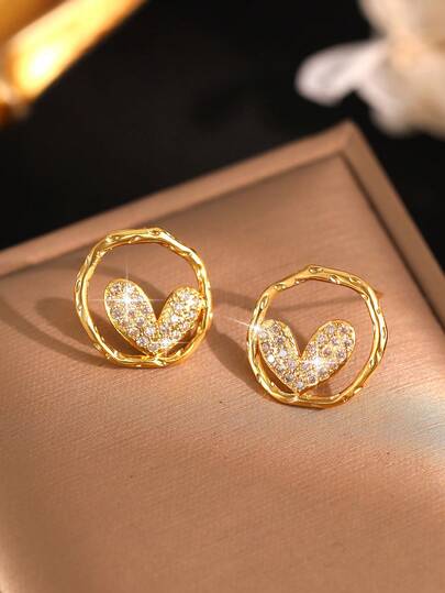 1pair Cute Gold-Color Wavy Round Heart Decor Cubic Zirconia Elegant Circular Design Stud Earrings For Teenagers Birthday Festival Gifts For Party Decoration