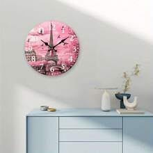 10inch Paris-Style Eiffel Tower Wooden Wall Clock, Featuring Pink Cloud And Bird Patterns - Battery-Powered (AA Batteries Not Included) - Suitable For Living Room, Bedroom, Kitchen, Home Office Decoration, Eiffel Tower Theme, 2D Flat Design - 1pcs/10in/25cm - View 6