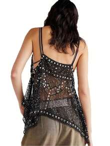Seductive Sheer Backless Strappy Beach Top With Rhinestones - Black - View 3