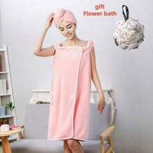 Women Coral Fleece Wearable Bath Skirt Ultra Soft Adjustable Pocket Bath Towel Absorbent Beach Swimming Changing Robe With Bath Flower Household Daily Essential - 豆沙色 - 查看 4