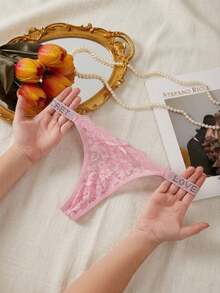 European And American Letter Beaded Women's G-String Lace Trim Hollow Thin Strap Low Waist Panties - Pink - View 3
