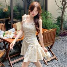 Women Short Dresses - Yellow Floral Pattern - View 6