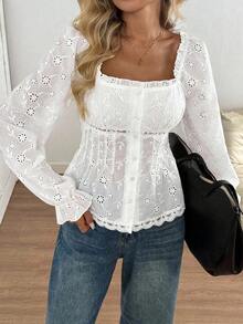 2026 Blusa de estilo casual y elegante para oficina con cuello cuadrado, volantes, mangas abullonadas, parches de encaje, cintura ceñida, corte evasé, bordados, textura de jacquard, para mujeres en otoño, color blanco - Negro - Ver 10