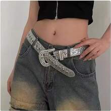 1pc Rivet Decor Rhinestone Embellished Fashionable Wide Metal Belt, Suitable For Daily Wear - Silver - View 3