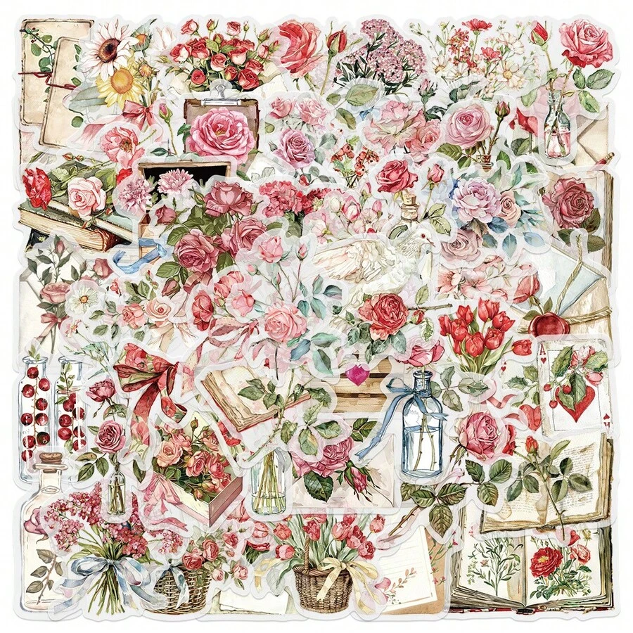 50 piezas Pegatinas transparentes 2D con diseño floral y de letras, pegatinas estéticas de dibujos animados adecuadas para botellas de agua, guitarras, equipaje, fundas de teléfono, portátiles, patinetas, suministros de scrapbooking, regalos - A - Ver 1