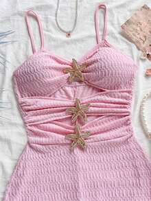 Mono de mujer con decoración de estrella de mar hueca, adecuado para fiesta y uso en casa - Rosa Pálido - Ver 4