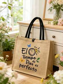 两件套亚麻手提袋 | “El-Tiempo”字母印花帆布单肩包 | 大容量购物袋，带搭扣 | 母亲节、父亲节、教师节、毕业礼物、伴娘礼物 | 春季花园派对、海滩度假、日常通勤 - 彩色 - 查看 7