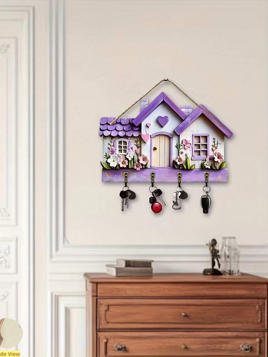 1pc 2D Flat, Warm Home Decor, Wooden Multi-Function Key Holder Rack (11.8 Inch X 9 Inch), With 4 Metal Hooks, Wall Decor, Entryway Decor, Room Decor, Villa Decor, Year-Round Home Decor - Violet Purple - View 1