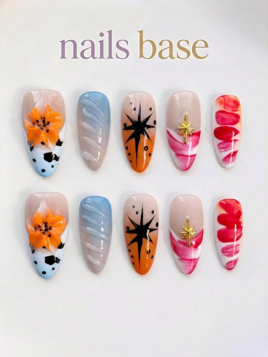 NAILS BASE 10件/組 粉色杏仁形長款法式漸層漸變美甲凝膠假指甲,附玫瑰紅花朵,杏仁形甲片,適合辦公場合的中性華麗風,日式手工製 - 彩色 - 查看 1