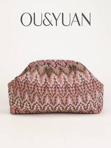 Sac à main rétro imprimé pour femmes OUYUAN, sac à main plissé bohème, sac à fermeture à pression raffiné et pratique de haute qualité, sac de plage et de vacances d'été. Convient pour un usage quotidien décontracté, les fêtes de vacances, les voyages, les banquets. C'est un cadeau exquis pour la famille, les amis et les partenaires. - Multicolore - Voir 2