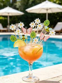 100/20pcs Hawaiian Luau Assorted Picks, Tropical Cocktail Bamboo Toothpicks , Summer Pool Beach Cocktail Picks With Butterfly, Bee, Monstera Leaf, Daisy, For Appetizers Food, Drinks, Luau Hawaii Beach Party - Multicolor - View 4
