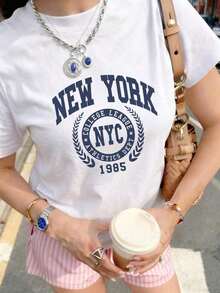 1 camiseta de corte holgado con estampado de la insignia universitaria "NEW YORK NYC", estilo retro universitario Y2K, ropa de calle, top casual deportivo urbano de verano, camiseta vintage con eslogan universitario para uso diario, diseño único unisex, color blanco, 180g, 100% algodón. - Blanco - Ver 8
