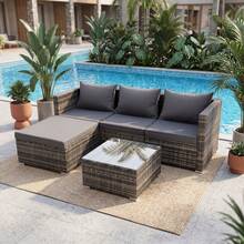 OYAJIA 5PCS Garden Corner Sofa, Garden Furniture Set, Rattan Patio Sofa Set, Garden Entertaining Furniture Lounge Set With Coffee Table For All-Weather - Grey - View 2